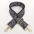 Detail of bohemian paisley embroidery on navy wide strap with gold metal hardware - No.13 Navy Grey
