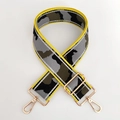Detail of adjustable camouflage bag strap with yellow edges and gold-tone metal hooks - Silver Wire No.12