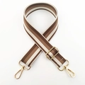 Detail showing adjustable striped nylon shoulder strap with gold metal hooks and buckle - Light Coffee