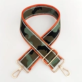 Detail of camouflage woven bag strap with orange trim and gold-tone metal clasps - Silver Wire No.13