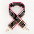 Detail of camouflage bag strap with pink edges and gold-tone metal lobster clasps - Silver Wire No.14