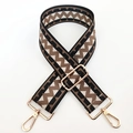 Close-up of adjustable woven canvas strap with geometric pattern and gold buckles - Silver Clasp / Black with Light Coffee