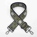 Detail of 5cm wide ethnic jacquard bag strap with blue floral embroidery and metal hooks - Milan (Gunmetal Buckle)