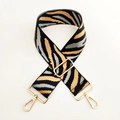 Close-up of zebra pattern wide strap with shiny gold lobster clasps and metal buckle - Gray