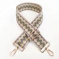 Detail of adjustable wide canvas bag strap with yellow geometric wave patterns and gold hooks - Silver Clasp / Grey-Beige