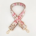 Close-up of pink and brown geometric woven bag strap with golden metal lobster clasps - Pink Khaki Gold Buckle