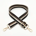 Adjustable wide replacement bag strap with brown and white vertical stripes and gold clips - Black