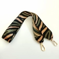 Detail of wide nylon bag strap featuring multi-color stripe weave and gold lobster clasps - Army Green