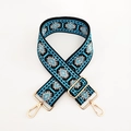 Close-up of ethnic jacquard bag strap with blue geometric patterns and gold metal clips - L-Water Blue