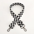 Detail of adjustable black and white checkerboard woven bag strap with gunmetal hooks - Pattern D1-Gunmetal Buckle