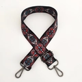 Detail of colorful ethnic pattern wide guitar strap with gunmetal swivel snap hooks - Pattern D2-Gunmetal Buckle