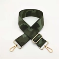 Adjustable camouflage bag strap with olive green fabric and gold-tone metal carabiners - K-Green
