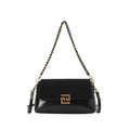 Black minimalist shoulder bag in leather and suede with golden geometric metal clasp - Black