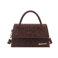 Bruine crossbodytas met luipaardprint, fluwelen textuur en metalen logo vooraanzicht - Bruin