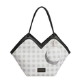 Plaid tote bag with V-shaped edge, black leather straps and mini round coin purse - Gray