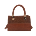 Borsa a mano patchwork marrone con trama leopardata, manici intrecciati e oro metallo - Leopardo Marrone