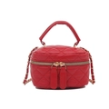 Red quilted mini box bag with gold chain strap and top handle on white background - Red