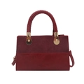Burgundy leopard style PU leather handbag with wine red patchwork and braided handle - Red