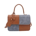Bolso de mano cuadrado pequeño de cuero marrón y tela gris con asa superior elegante - Marrón