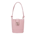 Pink bucket bag with gold geometric buckle and knotted shoulder strap in minimalist style - Pink