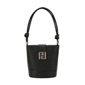 Elegant black matte bucket bag with long knotted handles and a metallic geometric clasp - Black