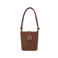 Brown bucket bag in smooth vegan leather featuring a gold-toned geometric metal clasp - Brown