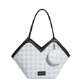 Blue and white checkered tote bag with V-shaped opening and matching coin purse - Blue
