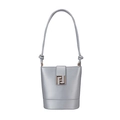 Light blue-grey matte leather bucket bag featuring a signature metal double F buckle - Silver