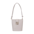 Fashionable cream bucket bag in textured PU leather featuring a golden double F metal buckle - White