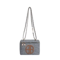 Borsa a scatola in feltro grigio con lettera B in pelle e tracolla a catena dorata - Blu Cachi