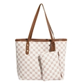Minimalistisches beiges Shopper-Set mit braunem Geometrie-Print und Lederriemen - Weiß