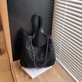 Minimalist black leopard print shoulder bag with silver chain and dual handles - Black