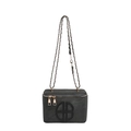 Borsa a tracolla grigio scuro in pelle opaca con logo a sbalzo e catena oro rosa - Nero