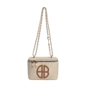 Borsa a tracolla beige con toppa a lettera marrone e tracolla a catena oro - Cachi