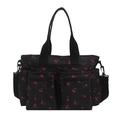 Schwarze Damen-Einkaufstasche mit Kirschmuster, mehreren Taschen und Schultergurt - Schwarz