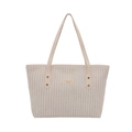 Bolso tote de pana beige con asas de cuero y remaches dorados en variante color crema - Blanco
