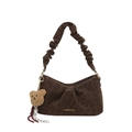 Brown leopard print cloud bag with pleated shoulder strap and cute plush bear charm - Coffee With Pendant
