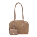 Brown matte suede baguette shoulder bag with mini coin purse for a vintage minimalist look - Khaki