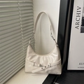 Vintage beige minimalist underarm bag in glossy PU leather with silver metal buckle details - White
