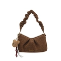 Brown leopard print shoulder bag with scrunchie strap and plush bear charm decor - Brown With Pendant