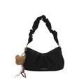 Chic black leopard jacquard underarm bag with pleated handle and plush bear charm - Black with Pendant