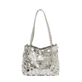 Borsa a spalla con paillettes argento con manico intrecciato ed etichetta moda - Argento