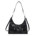 Glossy black patent leather crescent shoulder bag with silver metal buckles and straps - Black