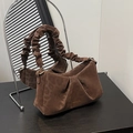 Brown suede underarm bag with leopard print texture and pleated handle detail - Coffee No Pendant