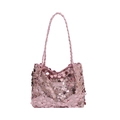 Borsa a spalla chic con paillettes rosa, etichetta in pelle e manici intrecciati - Rosa