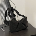 Chic black leopard print cloud bag with pleated strap and Creative Cat logo detail - Black