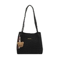 Minimalistische zwarte tote bag met luipaardprint, gouden Creative Cat tekst en pluche beer - Zwart met Hanger