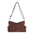 Brown suede crossbody bag with decorative stitching and side pockets on white backdrop - Coffee No Pendant
