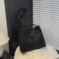 Borsa tote con stampa leopardata grigia, manici intrecciati e logo Creative Cat - Nero