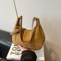 Retro brown suede hobo shoulder bag with dark leather handle and gold hardware - Khaki Without Charm
